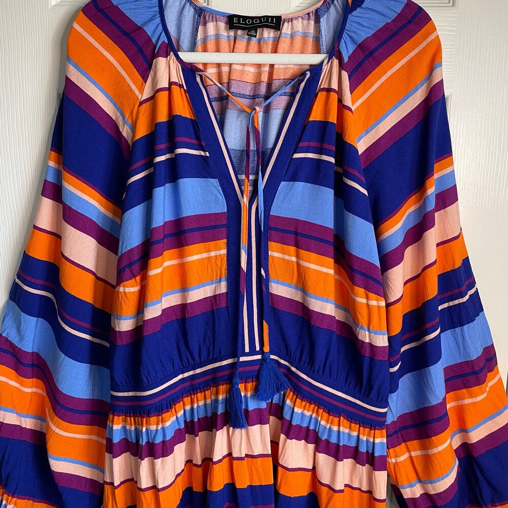 Eloquii Striped Mini Dress Sz 22 Tie Neck Tassels Long Balloon Sleeves Colorful - Picture 5 of 10